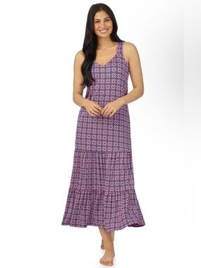 Cuddl Duds Pink and Blue Geometric Tiered Midi Dress